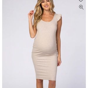 Beige Flounce Sleeve Ribbed Maternity Dress